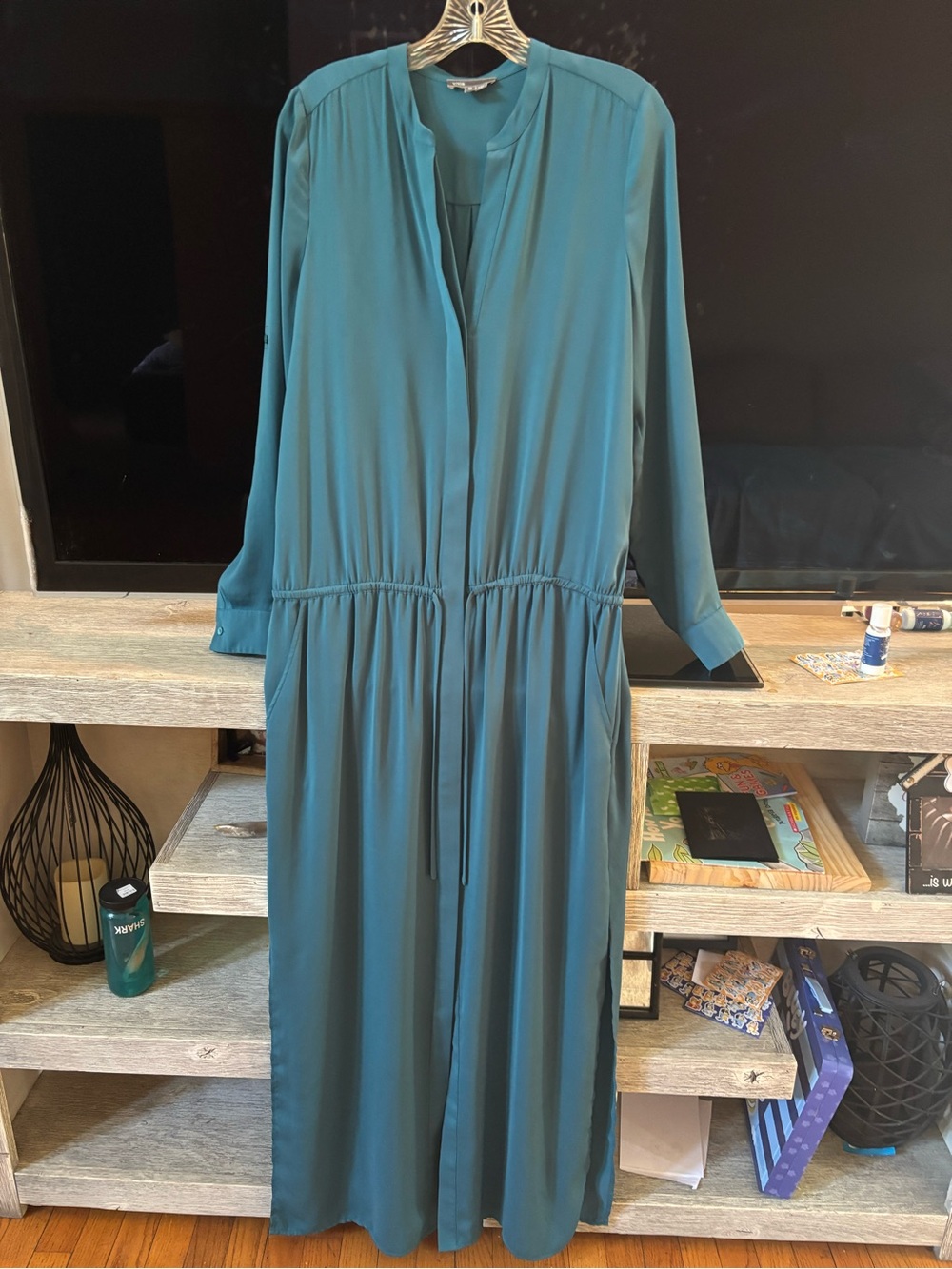 Vince Teal Long-Sleeve Drawstring Maxi Dress with Side Slits - Picture 3 of 11